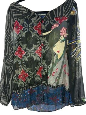 Desigual Geisha Floral Mixed Media Sheer Blouse Top Size 38 (US S/M)
